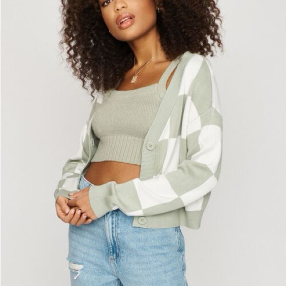 Green & White Checkered Cardigan + Matching Crop Top Set (EUC) Cozy Y2K